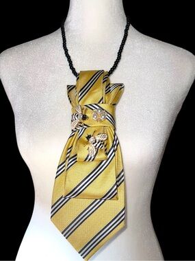 Yellow Striped Statement Necklace Scarf with Bee Charms